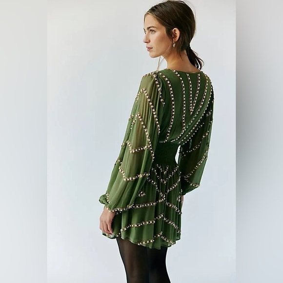 Free People JEN'S PIRATE BOOTY Olive Green Beaded V-Neck Mini Dress - Picture 3 of 11